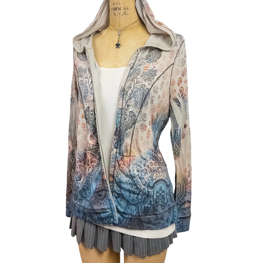 2000s McBling Rhinestone Zip Up Hoodie Fairy Grunge Paisley Ombre Size L Y2K - Picture 6 of 10